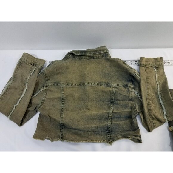 Y2K Denim Jacket & Pants Set Size M Distressed Olive Green Raw Edges Cropped Jac - Picture 6 of 16